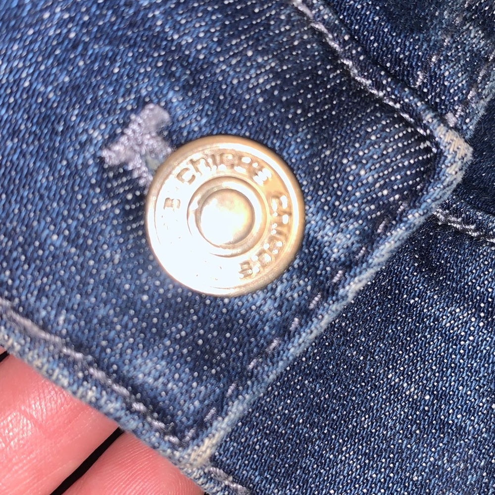 Signature Embroidered Chico's Navy Blue Denim Button Up Stretch Jacket - Picture 7 of 16